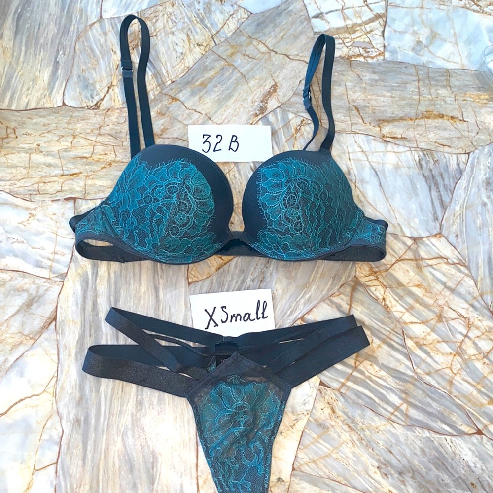 2 Piece Set 32B Bra XS Very Sexy Push-up Green Lace Aqua Strappy
